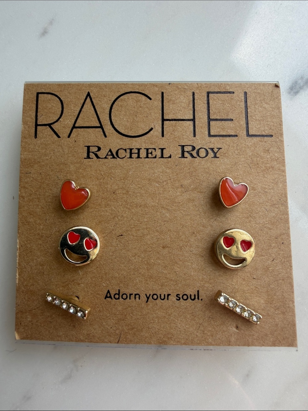 Rachel Roy Emoji smiley, heart and rhinestone bar Stud Earring Set- NWT